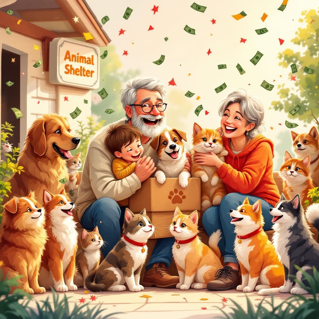 Happy animals and people at the shelter
