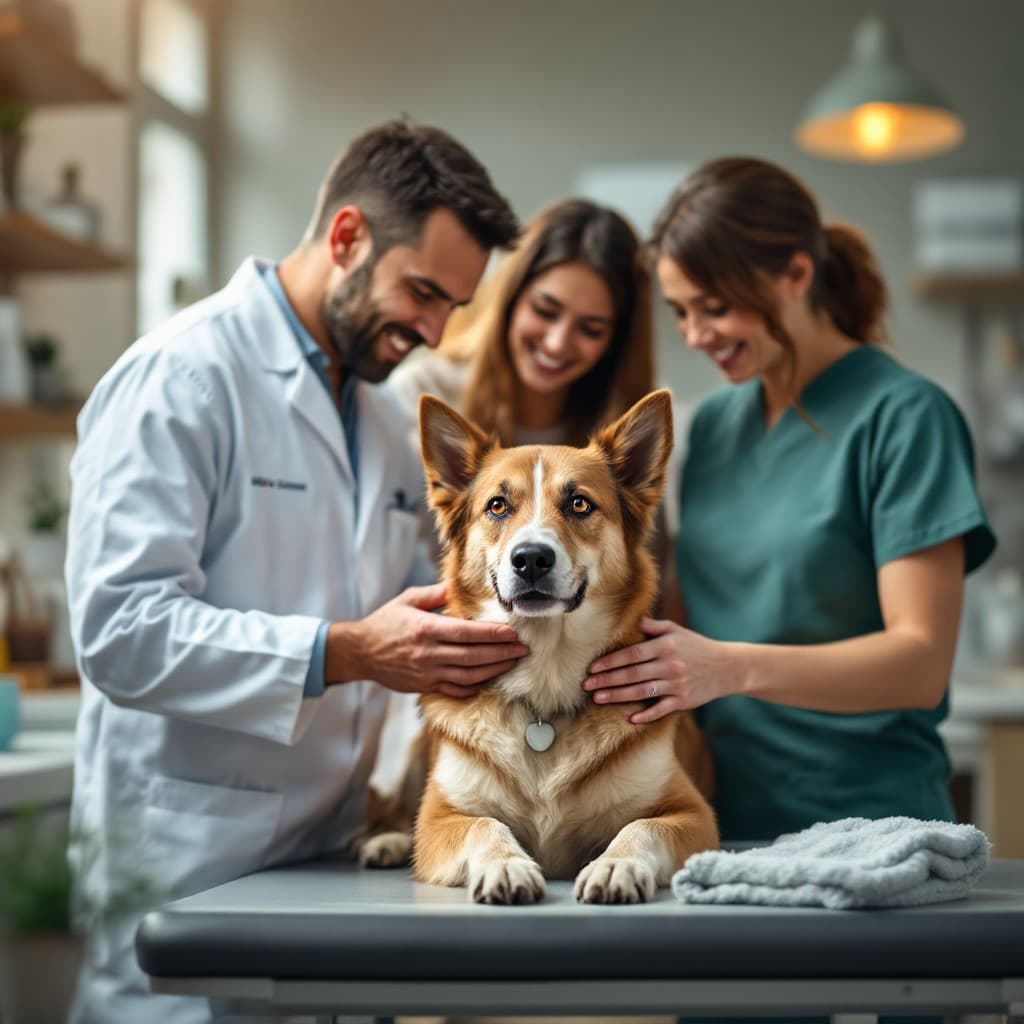 Hond op onderzoekstafel met dierenartsen en eigenaar in de kliniek